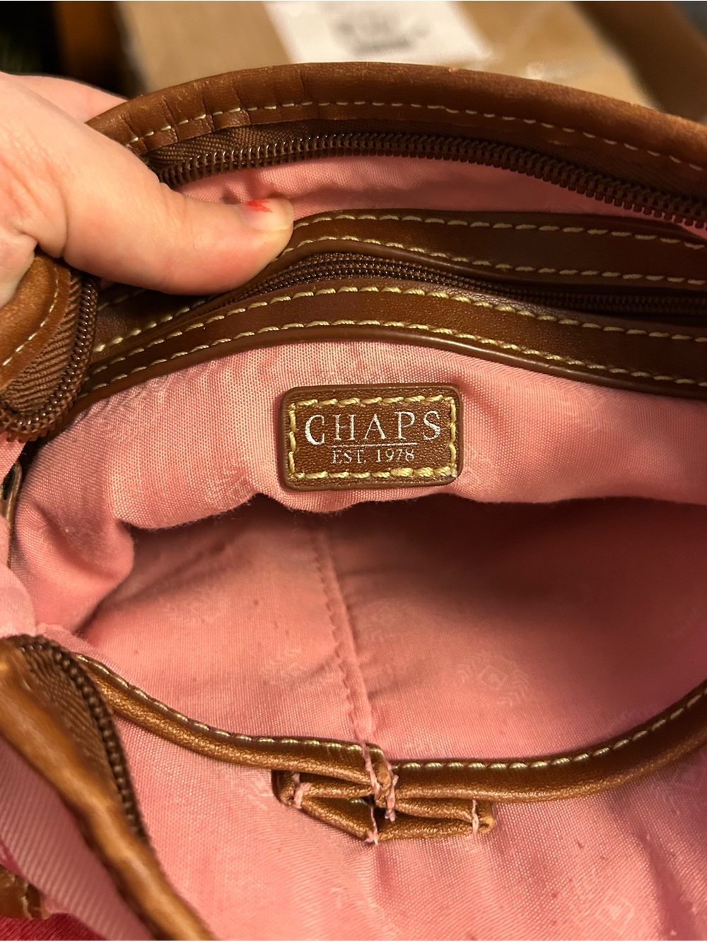 Chaps Pink Jacquard Crossbody with Brown Leather Trim and Navy-Striped Strap - Picture 4 of 7